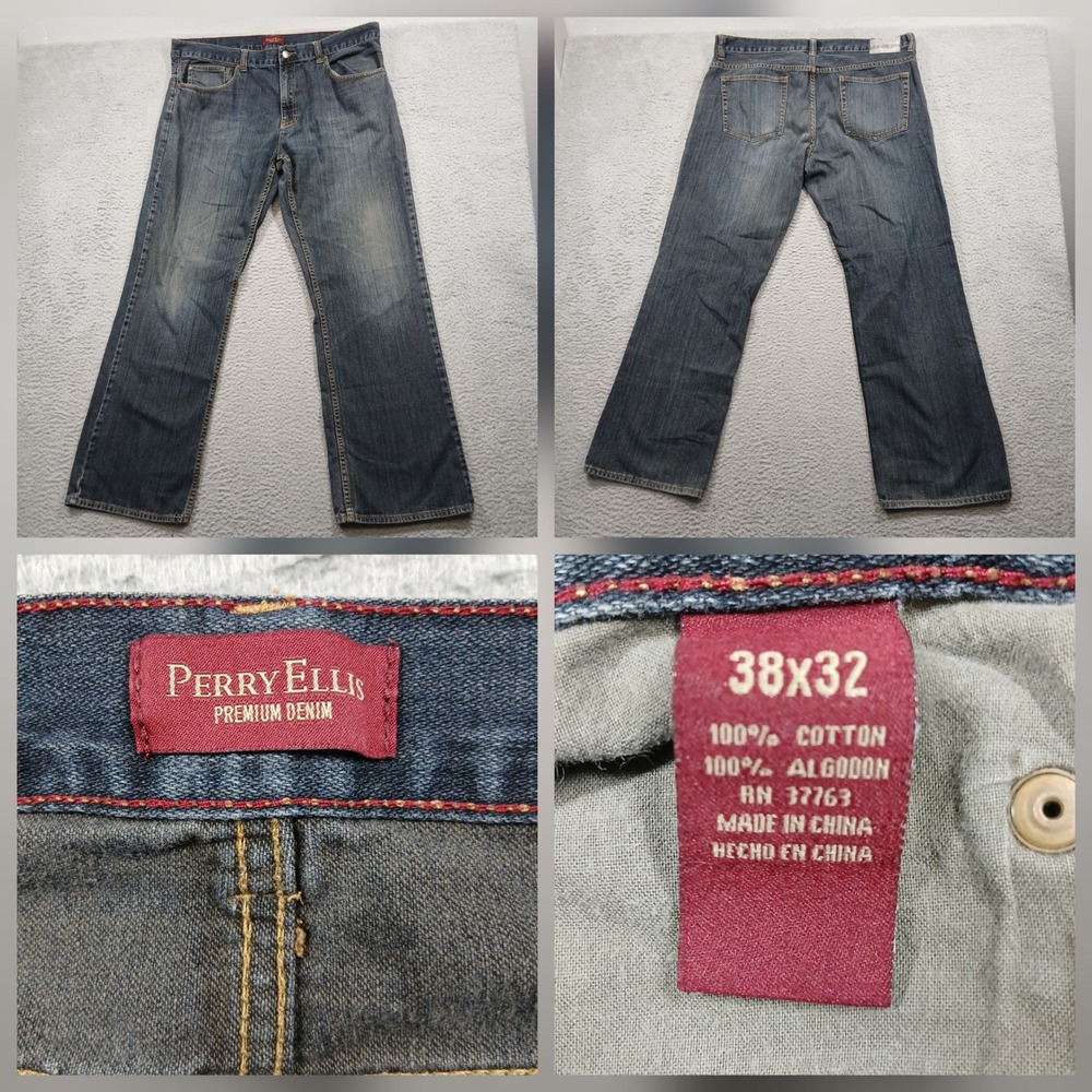 Perry Ellis Premium Denim Jeans‎ Mens 38x32 Dark Wash 100% Cotton Blue